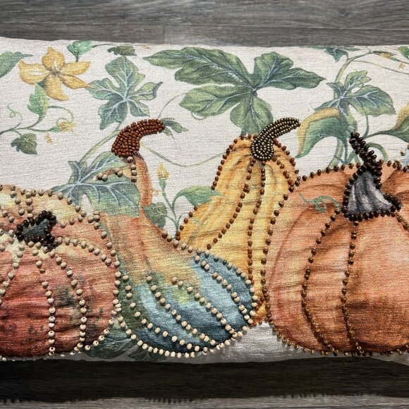 SOLD Autumn Pumpkin Print Beaded Decorative Rectangular Throw Pillow 20x12 Fall - Picture 9 of 11